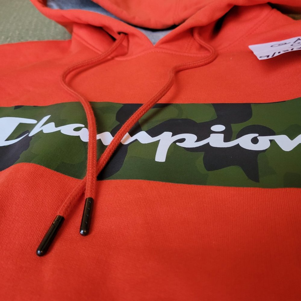 Champion Powerblend Fleece Camo Camouflage Orange Hoodie Sweatshirt Script Logo - Picture 10 of 15